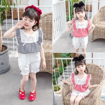 

2020 Summer Wear New Style Korean-style Plaid Short Sleeved Shorts Suit Western Style Little Girl Suit Baby Fashionable Clothes