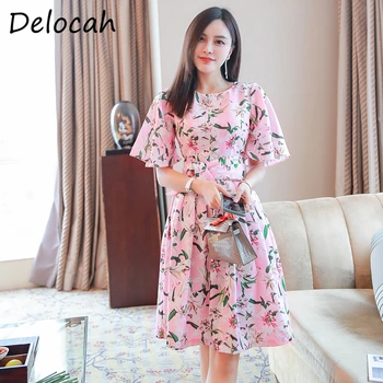 

Delocah Women Autumn Fashion Designer Party A-Line Dress Flare Sleeve Bow Sashes Floral Print Ladies Bodycon Midi Dresses 2020