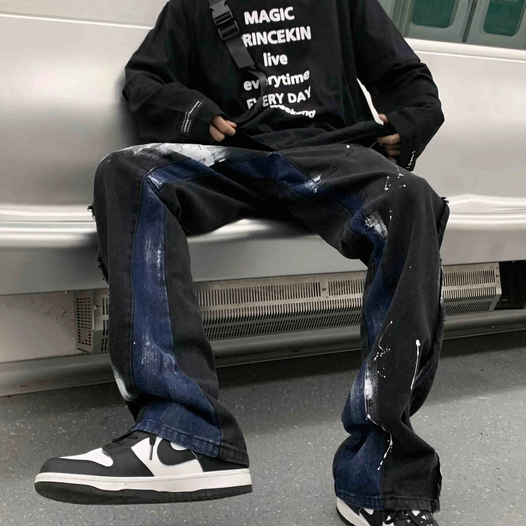 Jean Pour Homme Motif Pixel Numérique - Coupe Baggy Décontractée Style Streetwear - Noir/gris Délavé