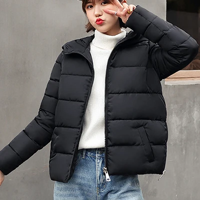 Большие размеры с капюшоном, с принтом, зимнее пальто для женщин, однотонные, свободные, утепленные женские куртки, Корейская ветрозащитная хлопковая парка, пальто, Casaco Feminino - Цвет: Black
