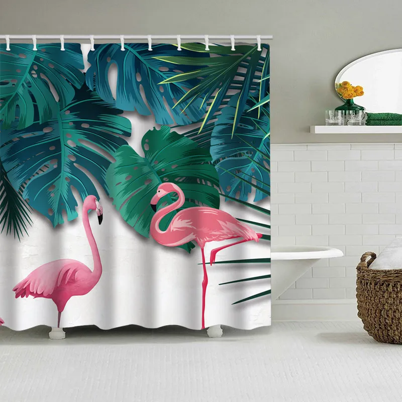 Фламинго зеленые листья занавеска для ванны водонепроницаемый из полиэстера занавеска для душа печать листьев шторы в ванную комнату душ