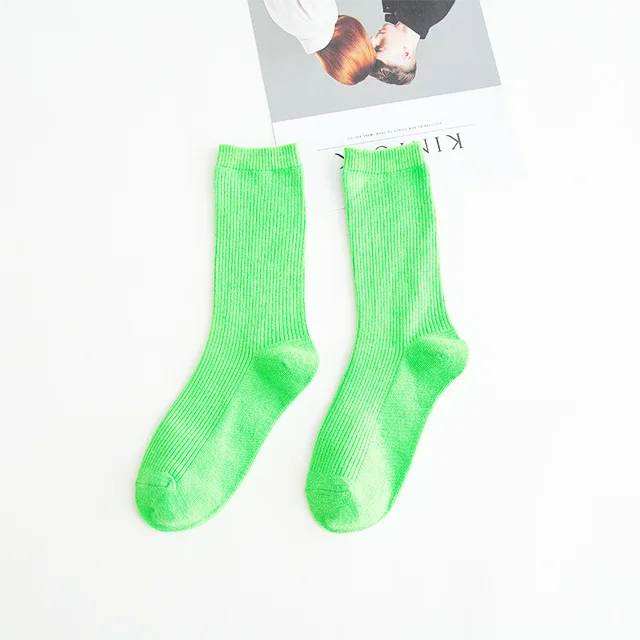 Solid color socks Ⅰ Middle tube Knitted Japanese Korea Loose Long Socks Women Pile Ins Soft Fashion girls Spring and Autumn L.Fluorescent Green