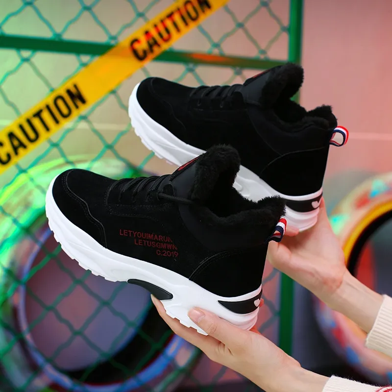 Black Red Женские кроссовки с высоким берцем; дизайнерская женская повседневная обувь; зимние кроссовки с защитой от холода и хлопка; уличные кроссовки для отдыха - Цвет: Black Red