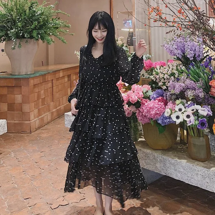 

Photo Shoot CHIC Elegant Ol Black Polkadot Long Slim Fit Slimming Waist Hugging V Single Breasted Collar Cake Dress Women's