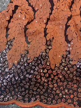 

Burnt Orange Color Nigerian Lace Fabrics 2020 Newest Embroidery Luxury French Tulle Lace With Many Sequins For Wedding Dress