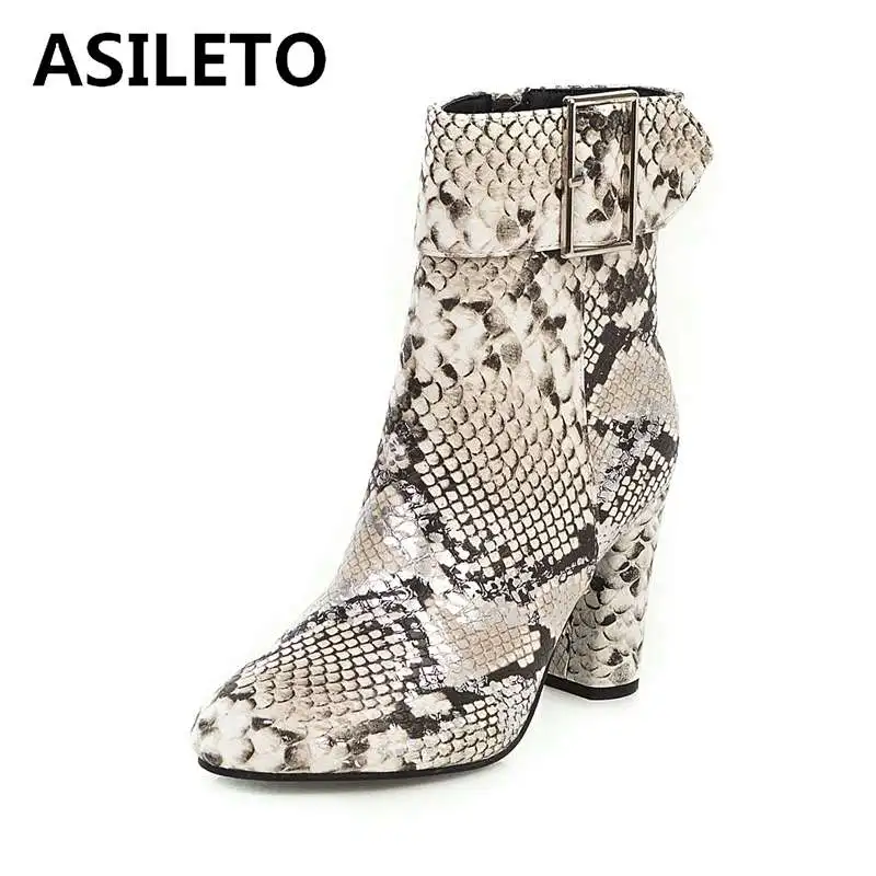 

ASILETO Print Snake Pu Women Ankle Boots Zip Pointed Toe Footwear Thick High Heels Female Boot Shoes Women 2020 snakeskin Bootie