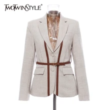 TWOTWIN стиль пэчворк ремень хит цвет блейзеры для женщин Зубчатый воротник с длинным рукавом английский стиль Костюмы Женская мода одежда
