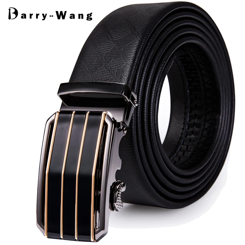 DK-2120 Men Cowhide Belt Gold Automatic Buckle Belt Slide Ratchet Buckle Black Waist Strap No Hole Belt for Jeans Barry.Wang
