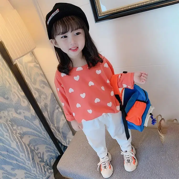 WLG girls casual t shirts kids autumn white pink heart printed t shirt baby girl casual all match tops 1-5 years
