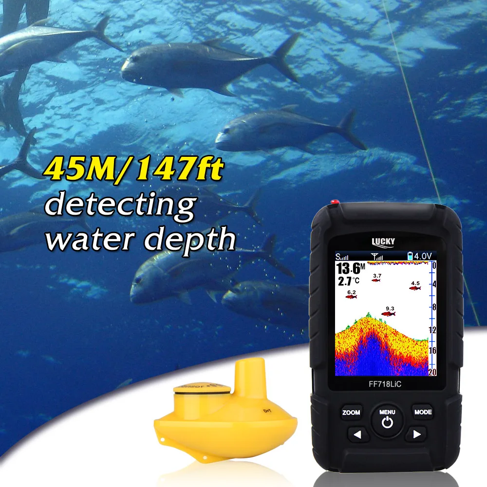 

LUCKY Wireless Portable Fish Finder 45M/145 Feet Depth Waterproof Sonar Ocean River Lake Fish Detector FF718LiC-W for Pesca