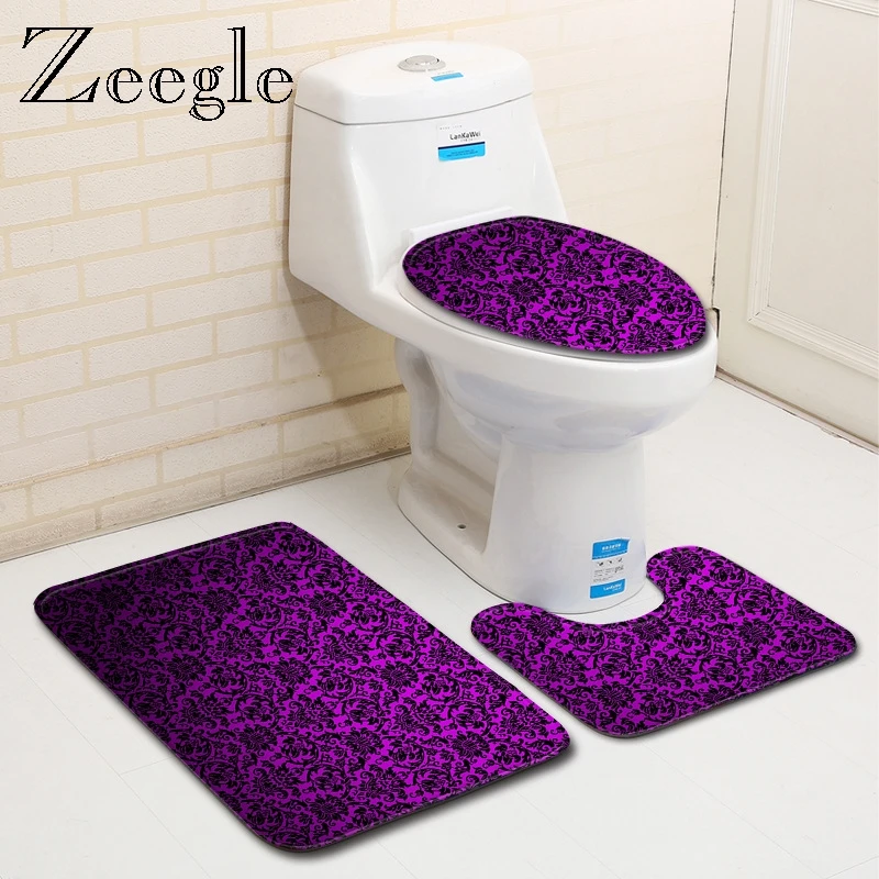 Zeegle Bathroom 3Pcs Carpet Set Bath Carpet Bathroom Non-Slip Floor Mat Toilet Mat Floor Rug Toilet Seat Cover Bathroom Mats