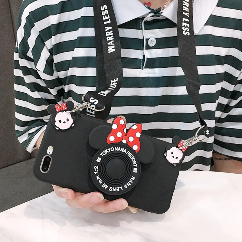 

Cute 3D Cartoon Minnie Camera Bracket soft phone Case Lanyard For Xiaomi mi 10 9 8 Lite cc9 9 se A3 6X 5X Max 3 Rope Crossbody
