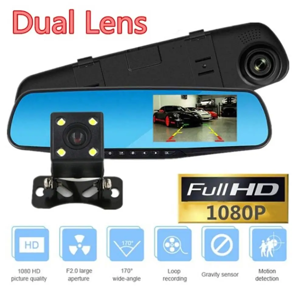 

4.3Inch Dual Camera Driving Recorder Parking HD 1080P 170° Angle Monitoring Front Rear Dual Camera Rearview mirror Video Car DVR