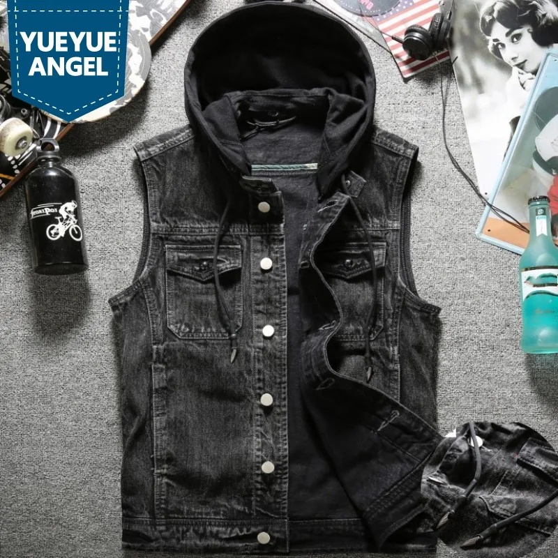 Herfst Nieuwe Heren Gewassen Denim Vest Jas Hoody Single Breasted Cowboy Jeans Vest Slim Fit Tank Plus Size Biker Bovenkleding