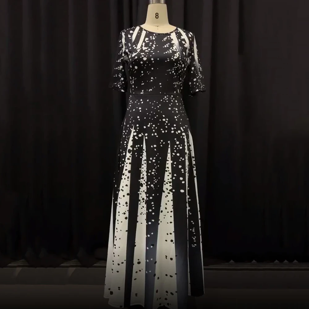 Tanie Moda kobiety połowa rękawem elegancki okrągły dekolt Boho bandaż druku długa, do połowy łydki sukienka panie na co dzień szczupła sukienka damska