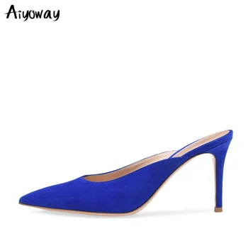 

Aiyoway Classics Women Fashion Mules High Heels New Arrival PU Leather Pumps Dress Shoes Pointed Toe Plus Size Sandals Femmes