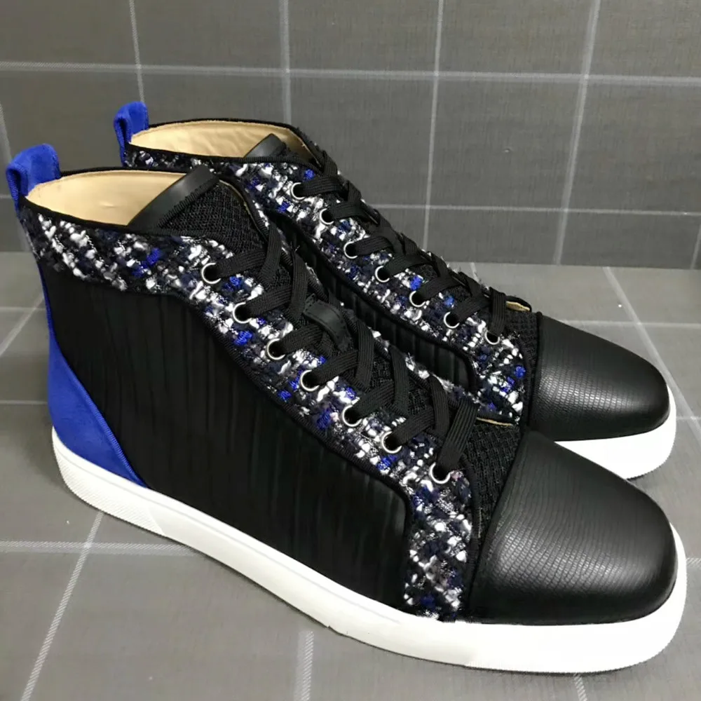 

High Cut Sneakers Leisure Lace Up Black net leather Spikes sports Red bottoms Men Shoes Blue heel casual Flat Loafers