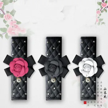 

Camellia women safety car seat belt covers Leather with flower ladycrystal seatbelt cover shoulder pads girls auto accessories