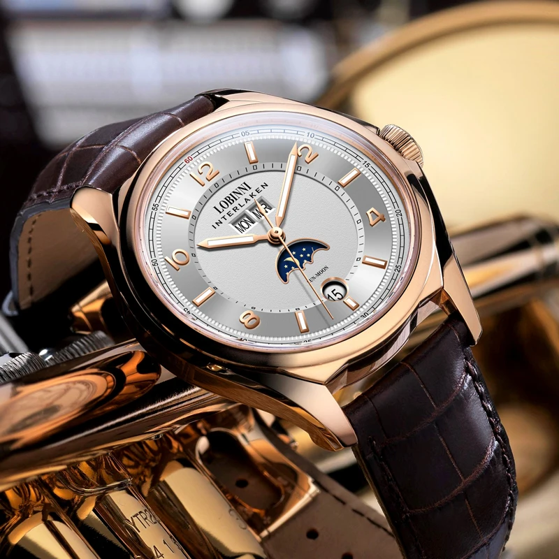 

LOBINNI Switzerland Top Brand Mens Watches Automatic Self-Wind Mechanical Watch Sapphire Moon Male Wristwatch Waterproof relogio