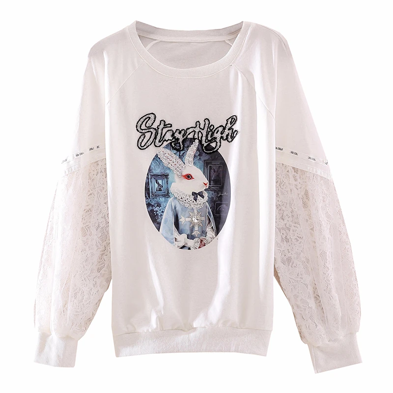 Cartoon print patchwork hoodies women sweatshirt loose hoodie autumn new arrival beading long sleeve o-neck tops