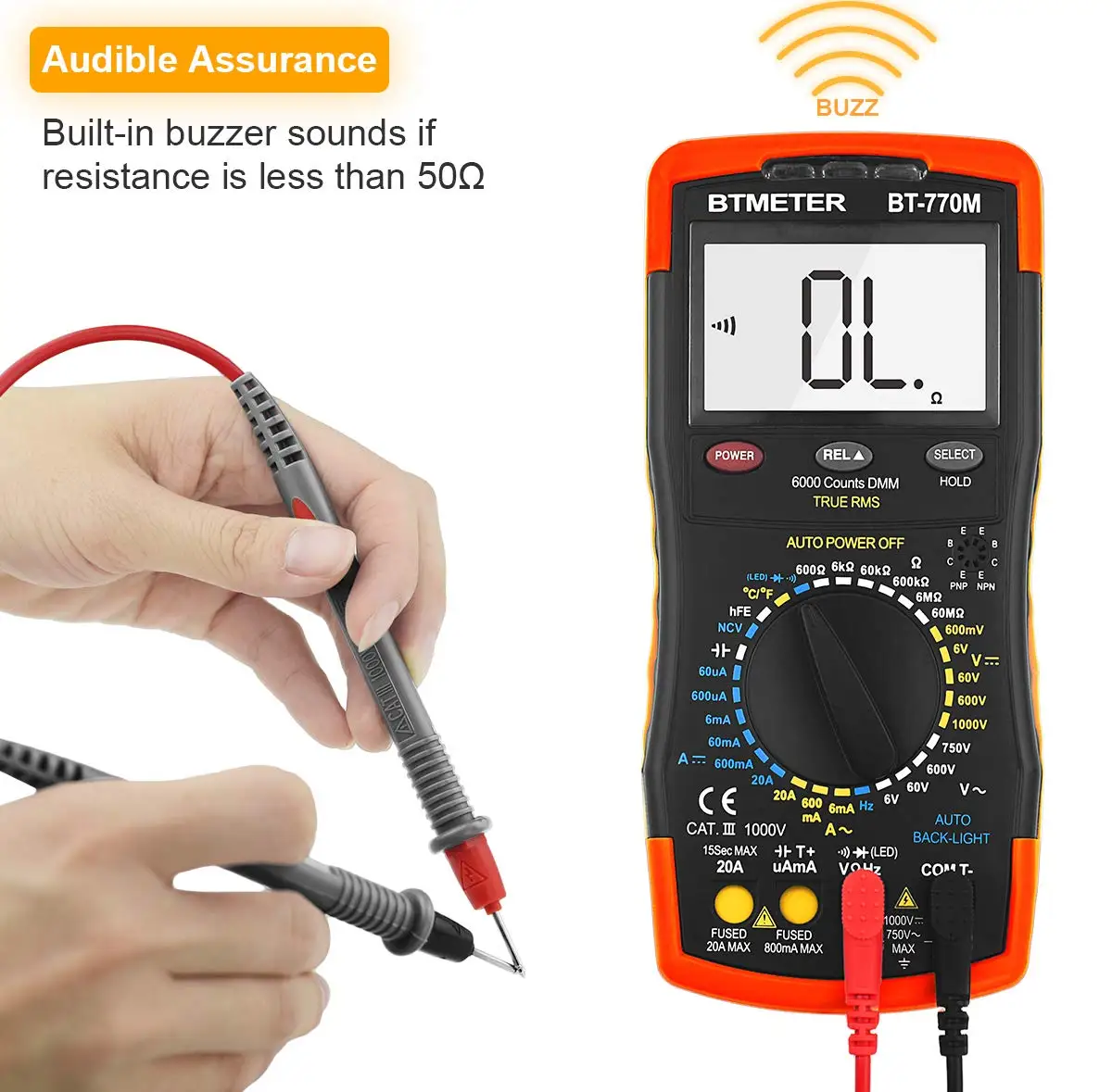 BT-770M Digital Multimeter TRMS 6000 Counts Auto/Manual Tester for AC/DC Volt/Amp, Ohm Capacitance Frequency Continuity NCV 2
