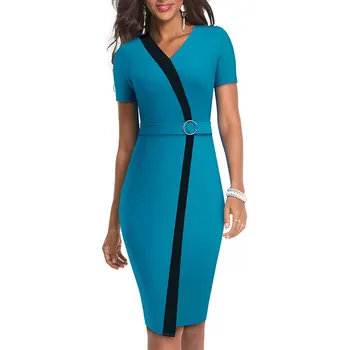 

Elegant Dress Contrast Color Patchwork with Ring Work vestidos Office Business Party Bodycon Sheath Women Dresses vestidos