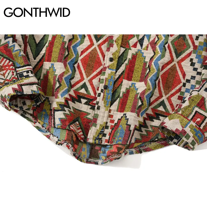 GONTHWID National Style Knitted Geometric Patterns Color Block Button Shirts Harajuku Casual Long Sleeve Tees Tops Streetwear