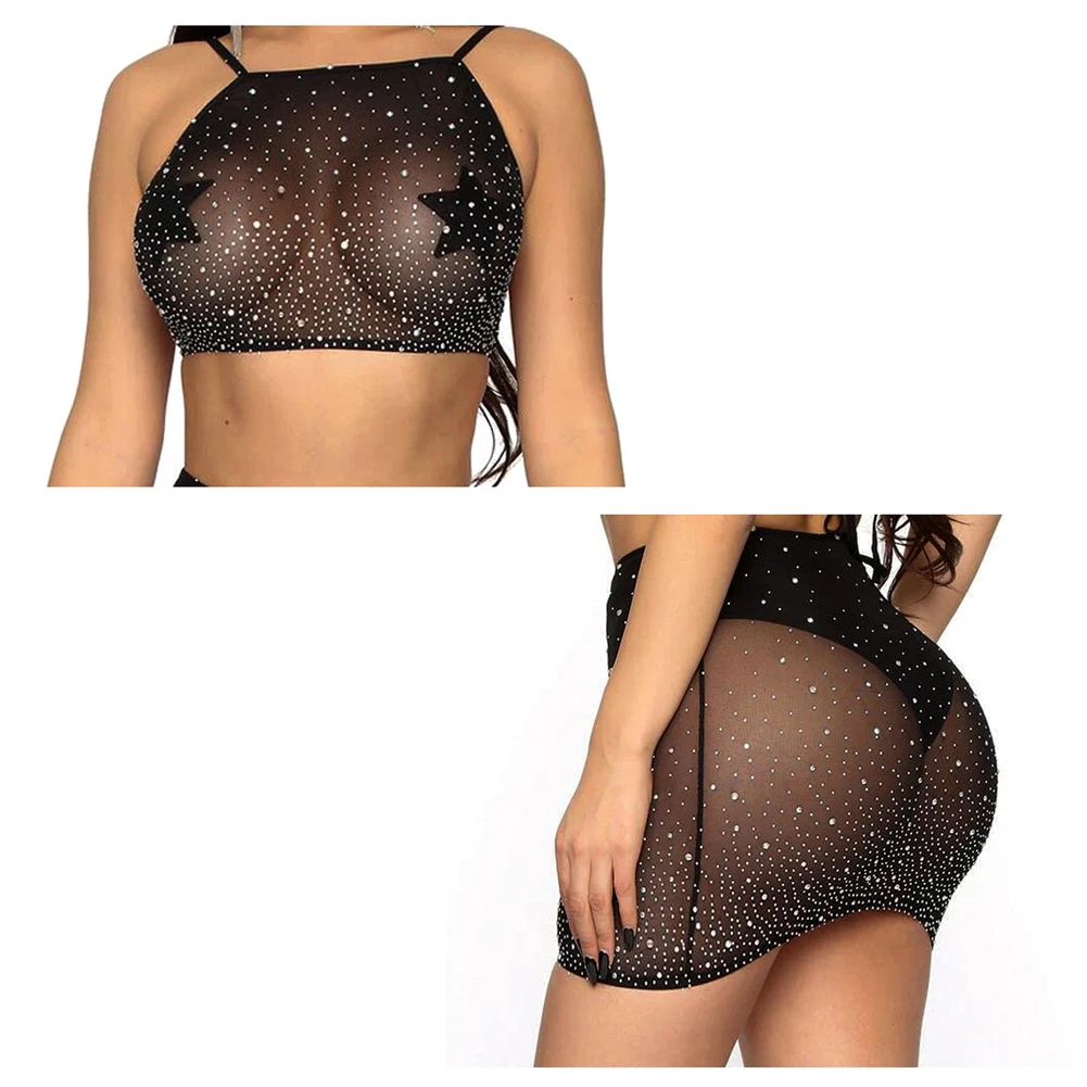 Newest Arrival Women's Sexy Mesh Bodycon Two Piece Tops Skirt Set Mesh Dress Party Clubwear Summer Cover-Ups bikini cover up skirt