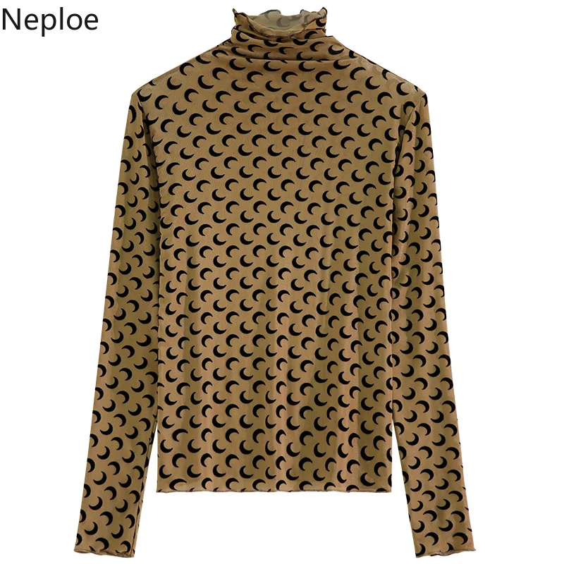 Neploe, Женская сетчатая блузка, топы, сексуальная, прозрачная водолазка, с принтом Луны, женские рубашки, корейский стиль, длинный рукав, Тонкая блузка, Blusas 38762