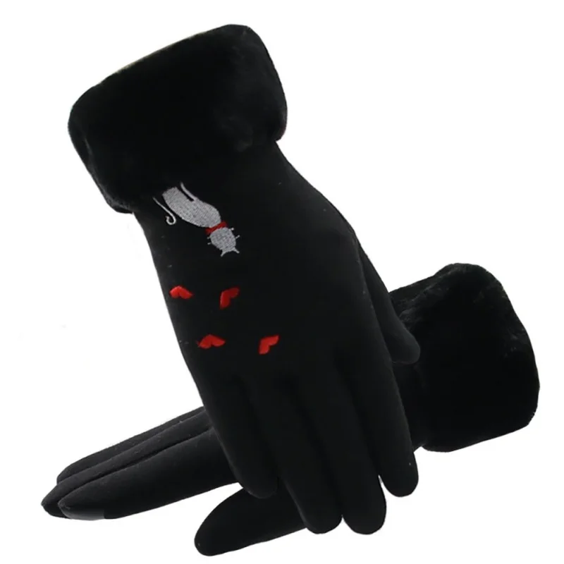 VC0173B Winter outdoor riding party windproof cold warm gloves classic plus velvet suede love cat ladies gloves - Color: VC0173B