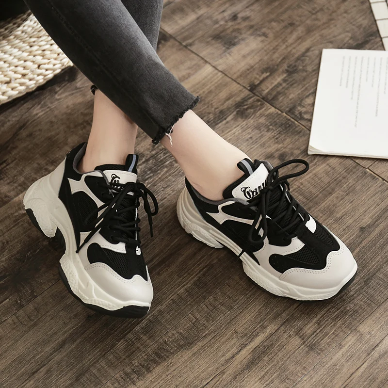 

Patchwork Sneakers Woman Fashion Mixed Color Lace Up Platform Sports Shoes Ladies Breathable Wedge Shoes Comfortable Black Beige