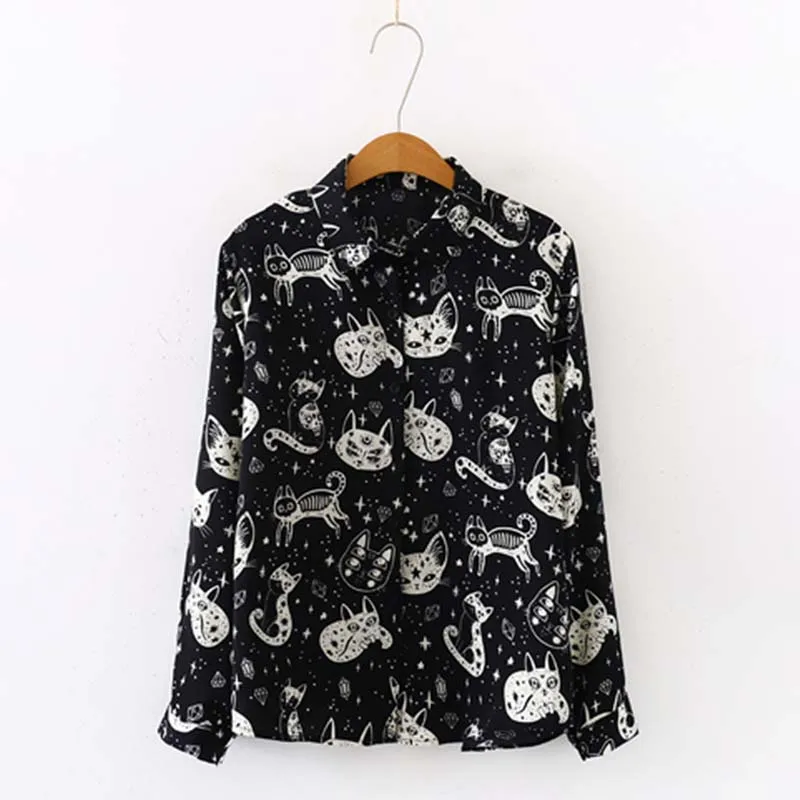  Plus Size Women Satin Cat Printed Shirt Kawaii Long Sleeve White Large Sizes Blouse Loose Casual La