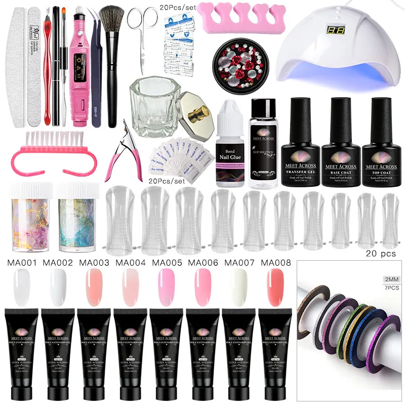 MEET ACROSS Poly UV Gel Set LED Clear Pink White Nude UV Gel Varnish Nail Extension Gel Kit With Nail Stickers Manicure Decals