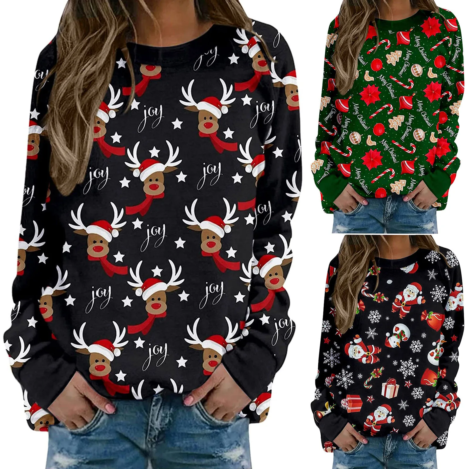 Autumn Tops Sweatshirt Fashion Women Christmas Version Loose Oversized Sweatshirts Solid Color Long-sleeve Hooded Girl Top Color 1
