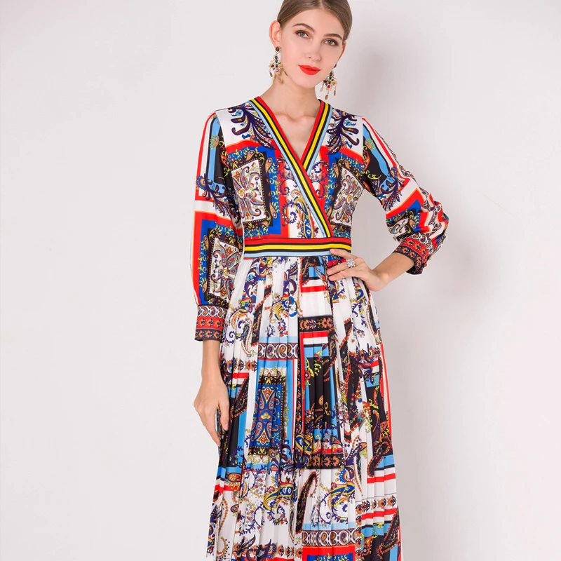 

women dress 2019 fashion show vintage boho dress Nine-point sleeve V-neck print Waist pleats festival Vacation vestidos largos