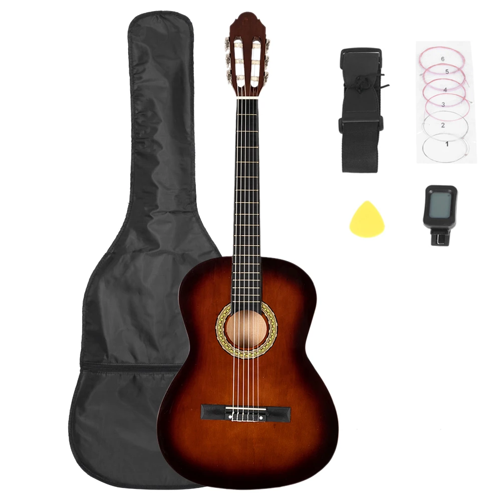 38 inch Klassieke Gitaar met Bag & Board & Riem & Liquid Crystal Tuner & Snaren Set Koffie Gitaar Set voor Beginners 38 inch Klassieke Gitaar met Bag & Board & Riem & Liquid Crystal Tuner & Snaren Set Koffie Gitaar Set voor Beginners