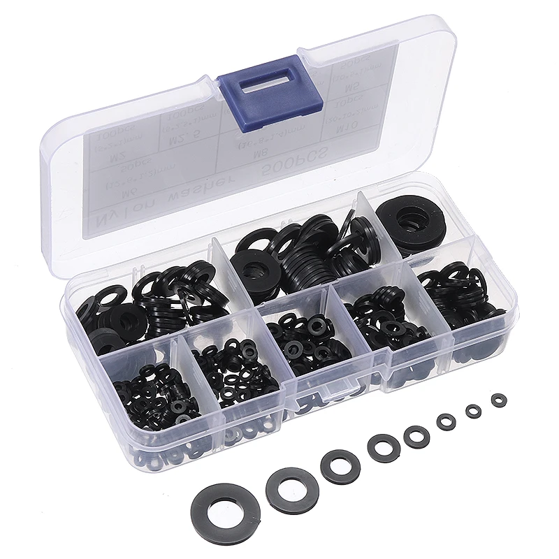 

500Pcs/Set Washers Assortment Kit Durable Black Nylon Washer Strong Washer Gasket With Box For M2 M2.5 M3 M4 M5 M6 M8 M10