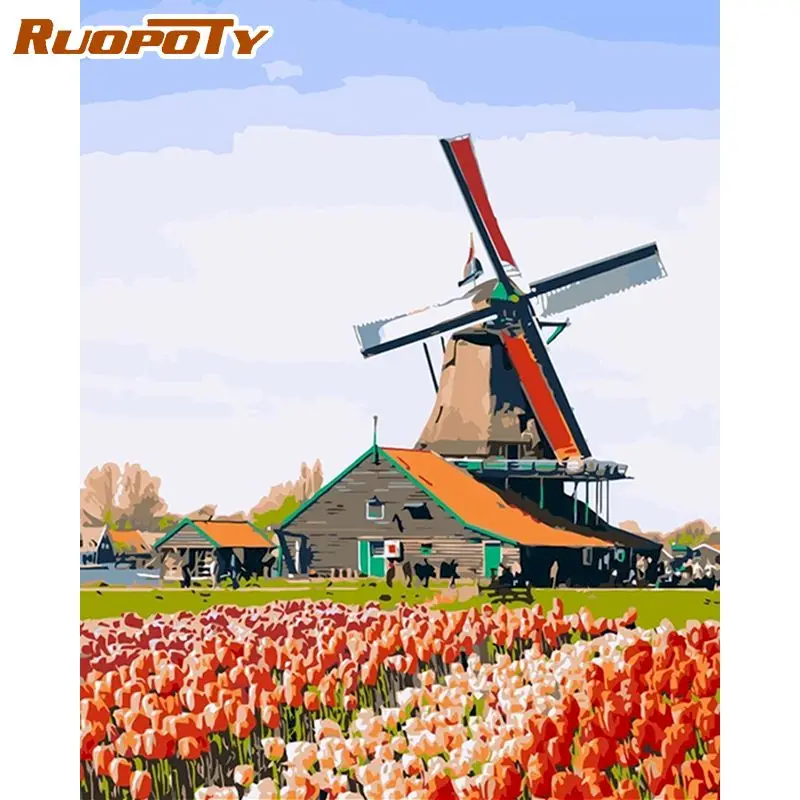 

RUOPOTY Frame DIY Painting By Numbers Flower windmill Landscape Wall Art Picture Acrylic Home Decors Artwork Diy Gift