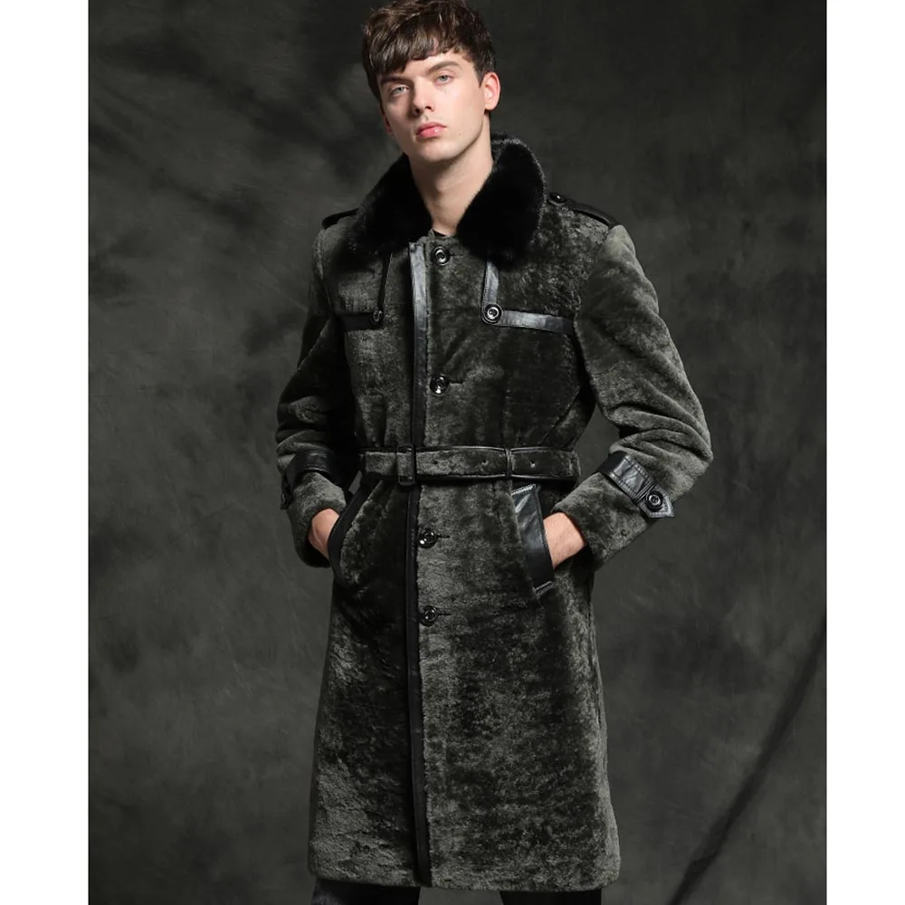 SANI продвижение толстое меховое пальто из натуральной кожи овчины меховая одежда для мужчин длинное зимнее натуральное меховое пальто - Цвет: Армейский зеленый