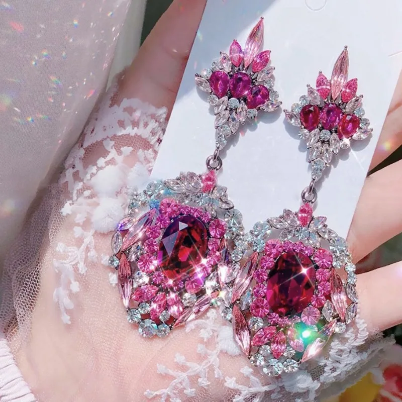 

MENGJIQIAO Korean Vintage Luxury Exaggerated Rose Pink Crystal Dangle Earrings For Women Girls Fashion Party Jewelry Pendientes