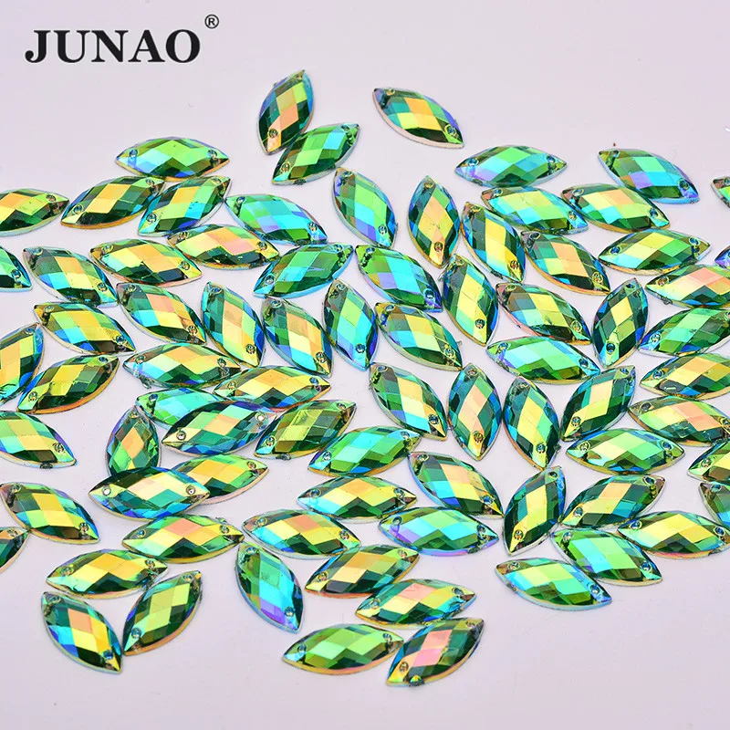 

JUNAO 7x15mm Green AB Flat Back Sewing Rhinestones Horse Eye Crystal Stones Sew On Strass for Needlework Clothes