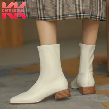 

KemeKiss Women Boots Fashion Zipper Thick Heel Winter Shoes Woman Warm Short Boot Casual Daily Office Lady Footwear Size 34-39