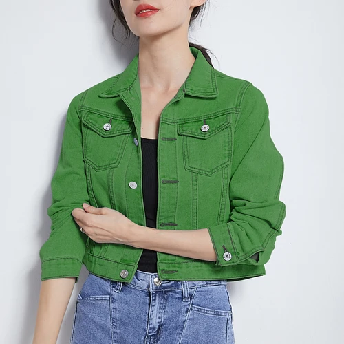 MDINCN женская джинсовая куртка весна и осень винтажное укороченное короткое джинсовое пальто с длинным рукавом облегающее джинсовое пальто - Цвет: Зеленый