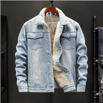 

MODA VELOCE Winter Jacket Men Collar Blue Cowboy Jackets Men Short Warm Denim Coats Fur