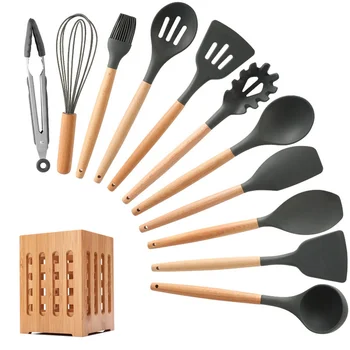 

11/12Pcs Silicone Cooking Utensils Bamboo Storage Box Kitchen Utensils Set with Spoon Spatula Tongs Etc Kitchen Cooking Tools