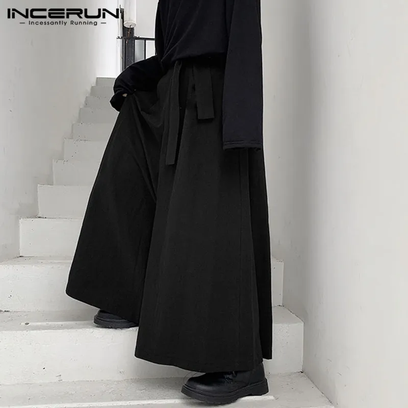 Vintage Men Wide Leg Pants Streetwear Lace Up Joggers Cotton Solid Baggy Casual Trousers Men Long Pants Plus Size wide leg pants