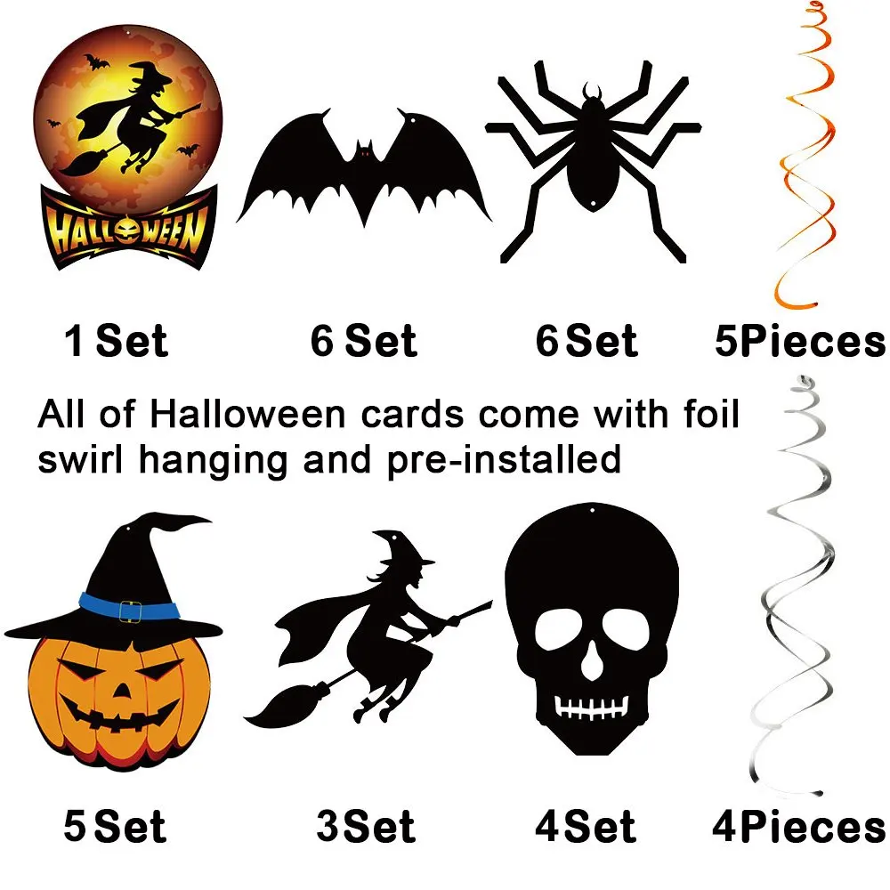 34 Pieces Halloween Party Hanging Swirl Decoration Scary Theme Ceiling Decorations Witches Bats Spider  Swirl Hanging Cards