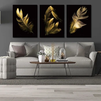 

Nordic Abstract Feather Poster Black Background Gold Red Blue Gray Feather Canvas Painting 3 Pieces Wall Art for Home Decor