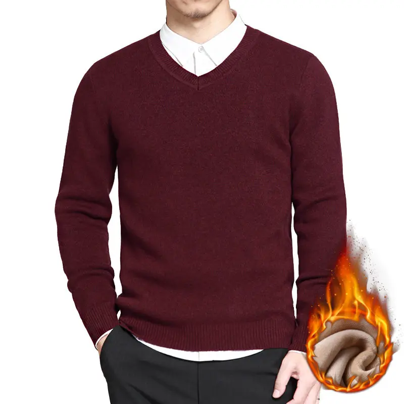 Зимние флисовые теплые мужские пуловеры с v-образным вырезом, утепленный свитер, хлопковые трикотажные джемперы, однотонные мужские вязаные изделия темно-синего, красного, черного цвета - Color: Wine Red