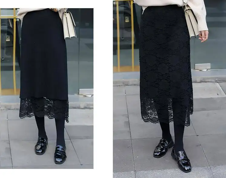 Двусторонняя одежда с высокой талией Hong Kong Ароматизированная шикарная кружевная трикотажная юбка Женская длинная секция Ретро тонкая юбка для похудения